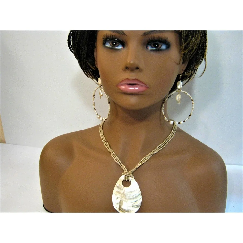 Genuine MOP Shell Beaded large Hoop Earrings and Pendant Necklace Jewelry Set